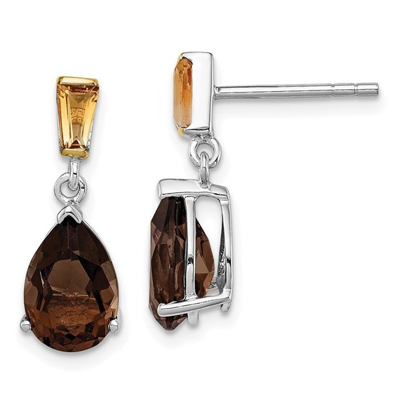 925 Sterling Silver 14K Accent Smoky Quartz Citrine Earrings 18 x 7 mm - Picture 1 of 4